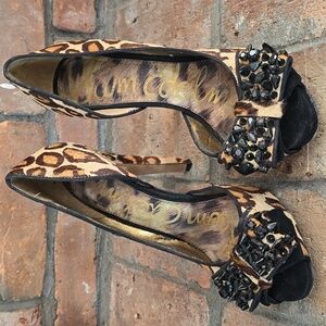 Pony Hair Leopard Print Open-Toe Pumps with Embellished Bow